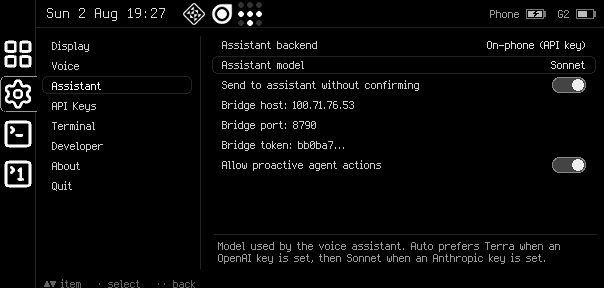 Assistant settings on the glasses display