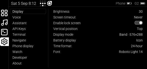 Display settings on the glasses display